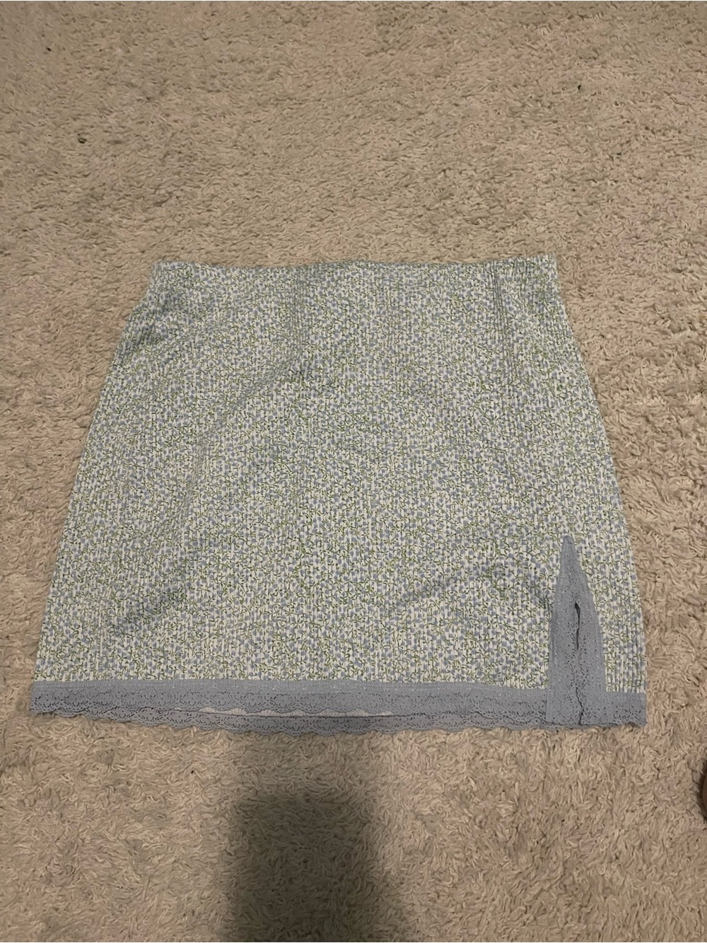 H&M Light Blue and Green Floral Lace-Trim Mini Skirt